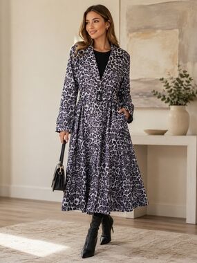 NWT Alanni Gray Leopard Print Belted Trench Coat XL